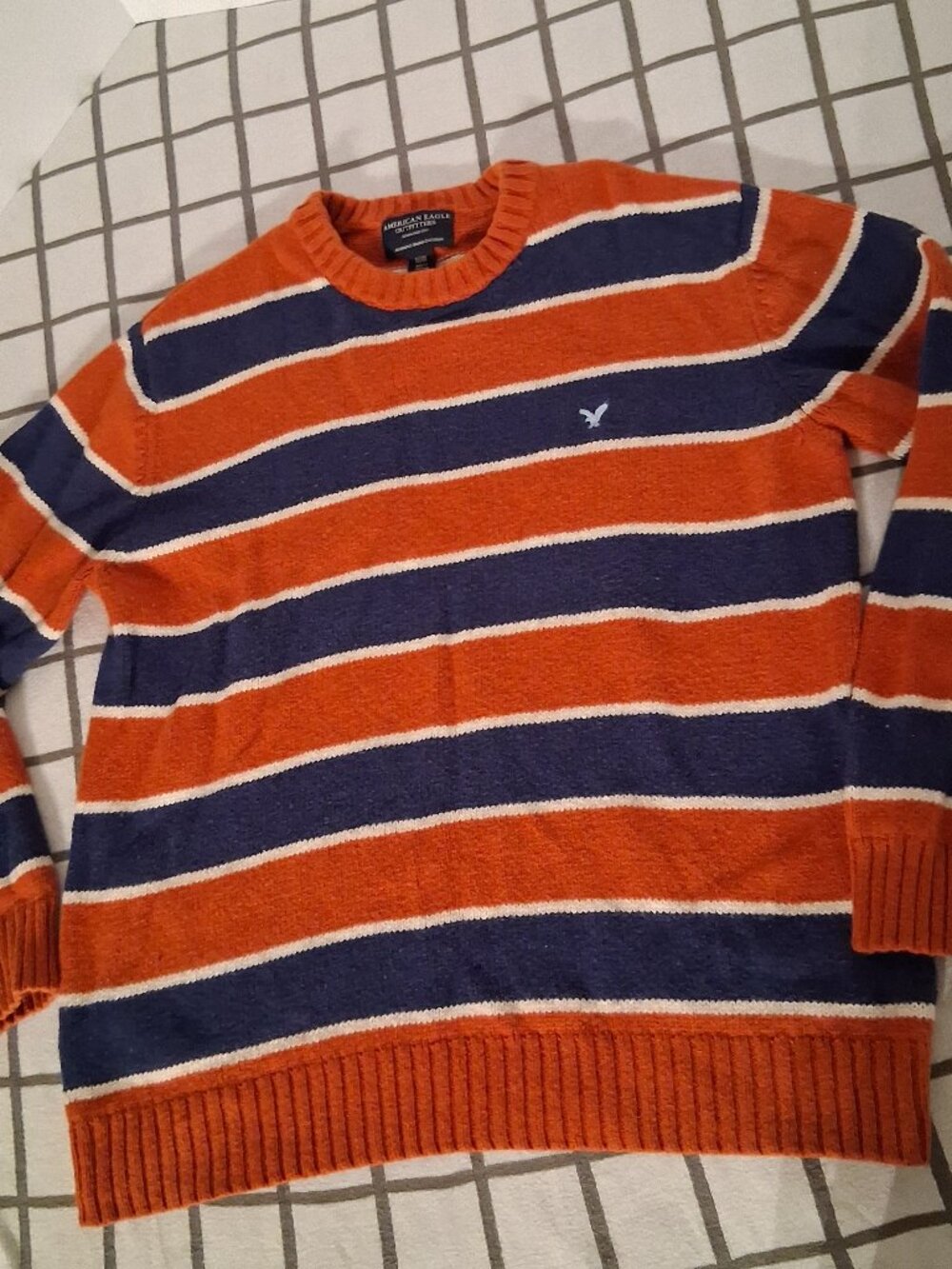 Medium American Eagle Outfitters Blue & Orange Striped Knit Crewneck Sweater